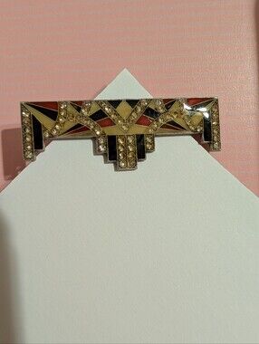 Pierre Bex Art Deco Black, Red, Yellow & Crystals Enamel Bar Brooch (Silver)